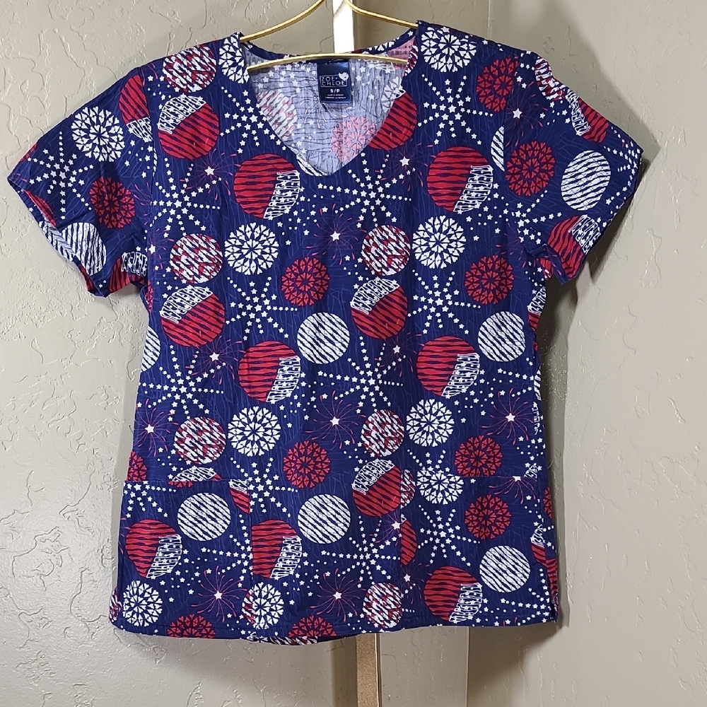 Zoe + Chloe  Red‎ White Blue Uniform Scrub Top Small 100% Cotton